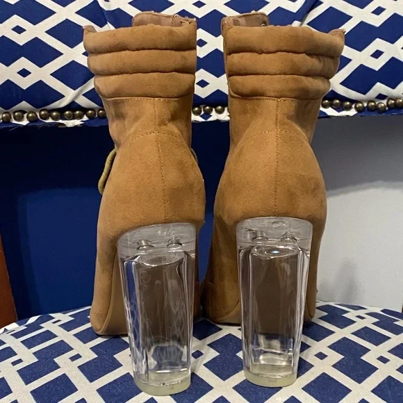 Light brown wheat lace up ankle high open toe clear heel booties size 9.5 - Picture 6 of 8